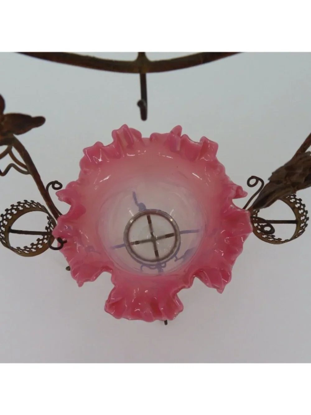 Antique French Gilt Pocket Watch Holder Vanity Pink Glass Bowl Bird Flowers